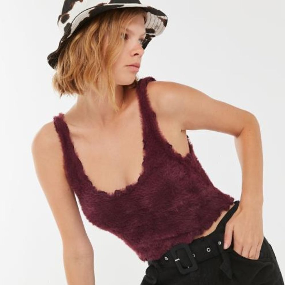 UO Fuzzy Tank Top Crop Lena‎ Urban Outfitters Top Burgundy